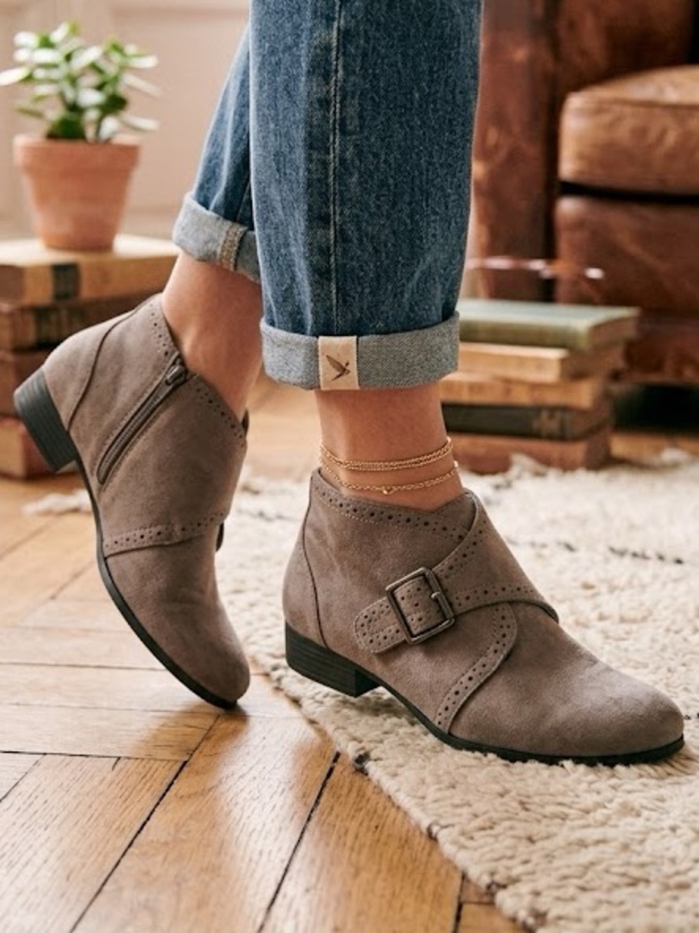 City Classified Comfort Lasercut Taupe Grey Booties With Decorative Buckles